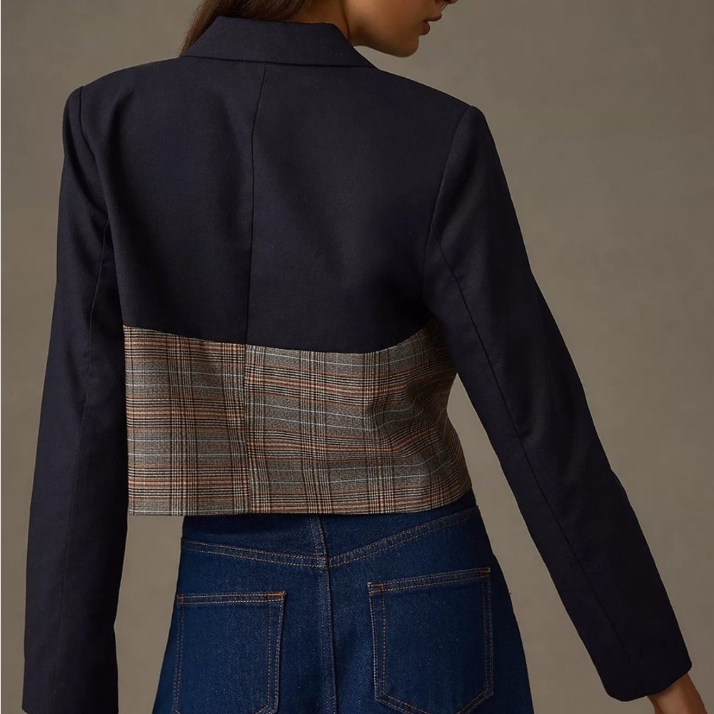 Jason Wu Navy Linen & Plaid Mixed Media Double Breasted Cropped Blazer M - Picture 4 of 8
